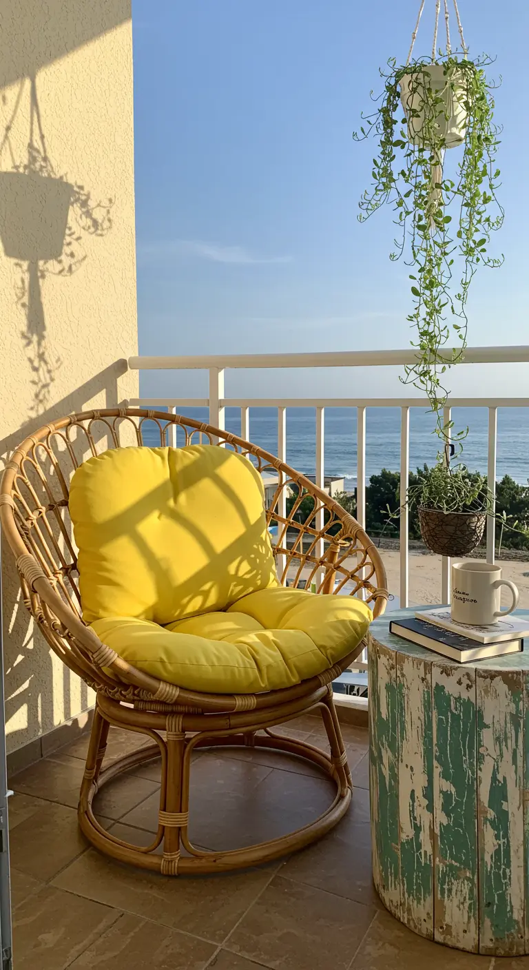 Fauteuil papasan jaune sur un balcon face à la mer, avec table d'appoint et plante suspendue.