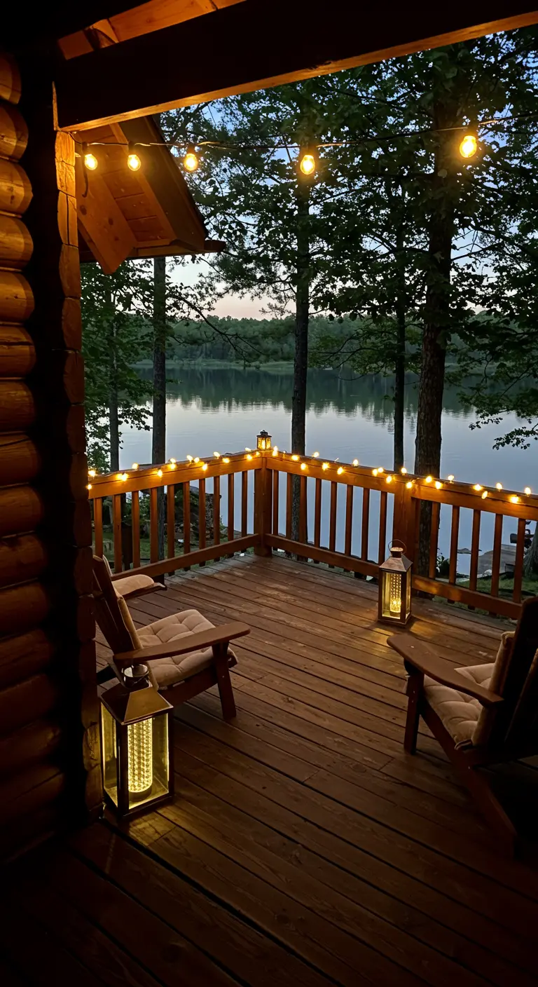Balcon en bois rondins avec guirlandes lumineuses sur la rambarde, lanternes et chaises face à un lac.
