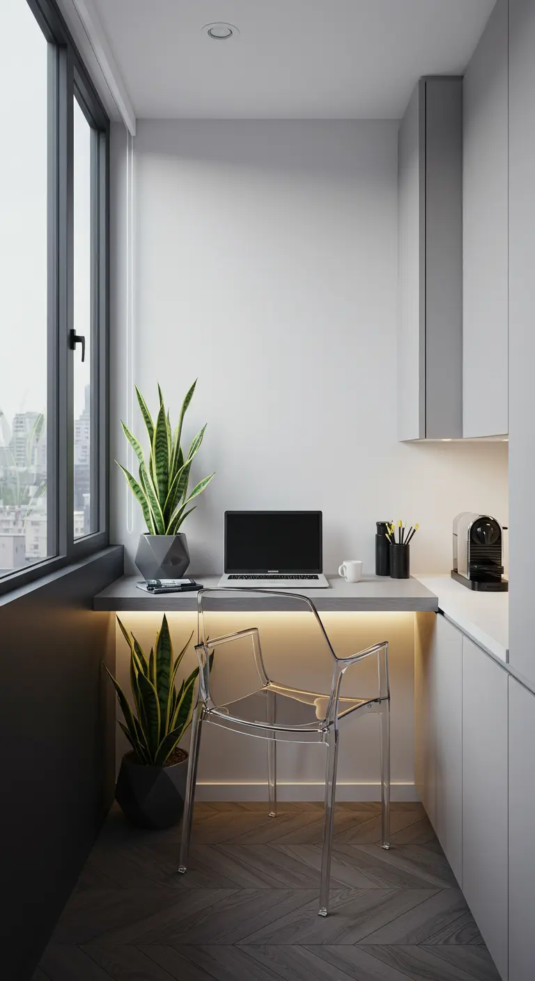 Bureau minimaliste sur balcon étroit avec tablette murale, chaise transparente et plantes serpent.