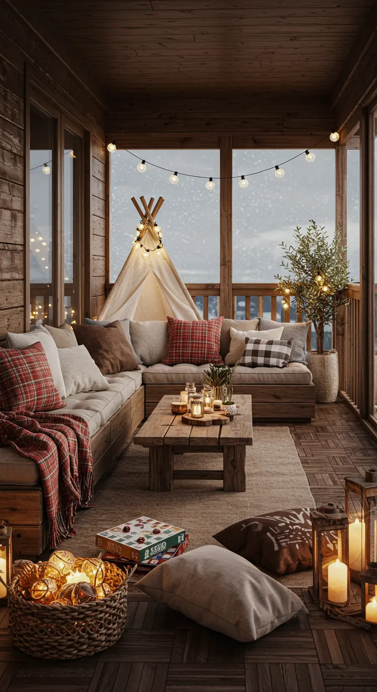 Balcon vitré aménagé pour la famille avec canapé d'angle, tipi, table basse et jeux.