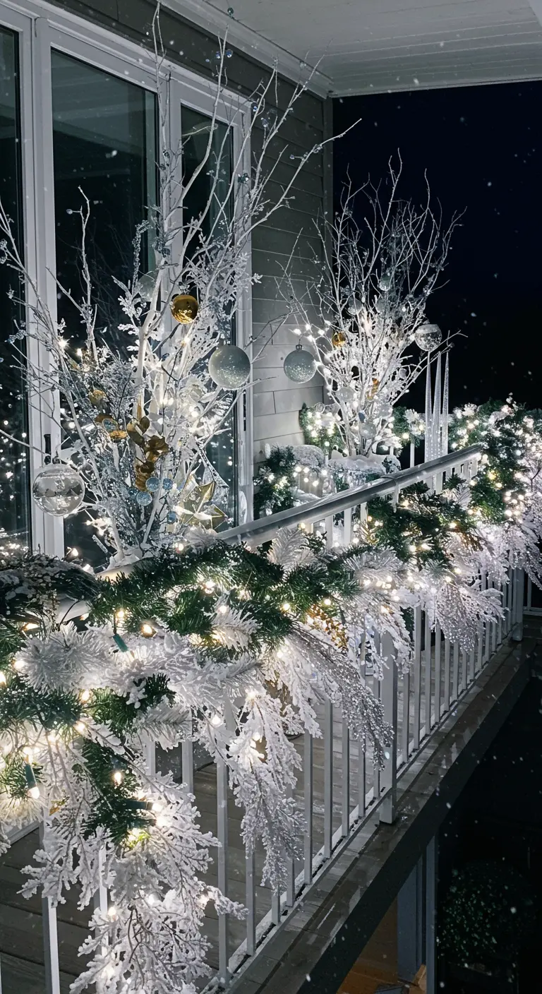 Balcon décoré pour l'hiver avec branches blanches, boules de Noël, guirlandes lumineuses scintillantes.