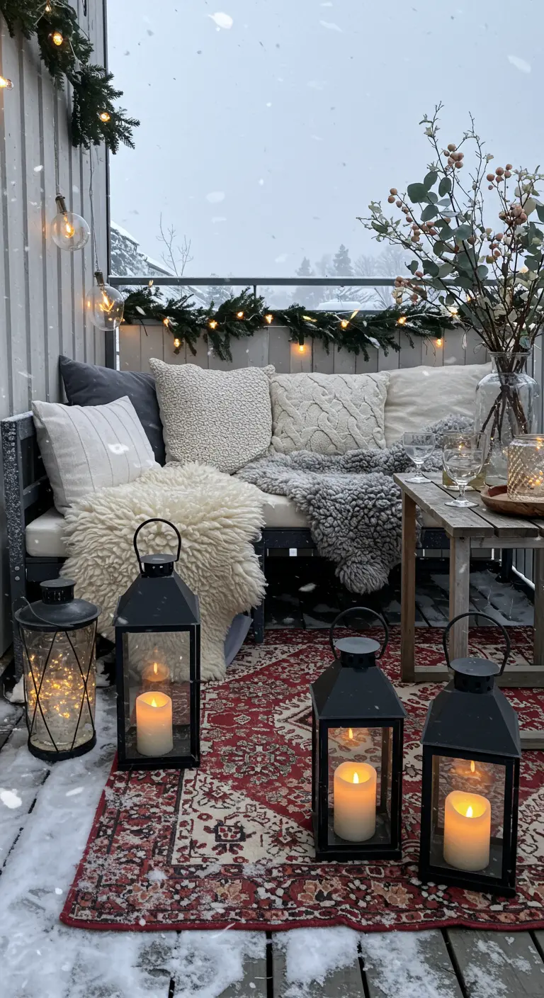 Balcon hivernal enneigé avec banc cosy, plaids, guirlandes lumineuses de sapin et lanternes noires.