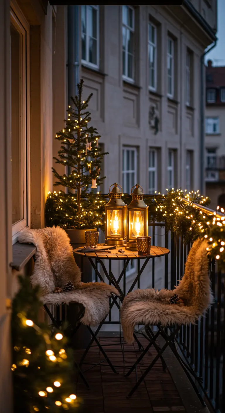 Balcon enneigé avec mini sapin de Noël, lanternes, guirlandes et plaids en fausse fourrure.