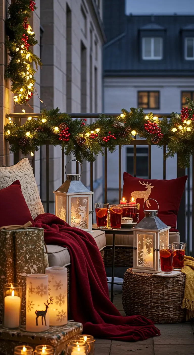 Balcon de Noël avec guirlande, coussins rouges, lanternes à motifs cerfs et boissons chaudes. 