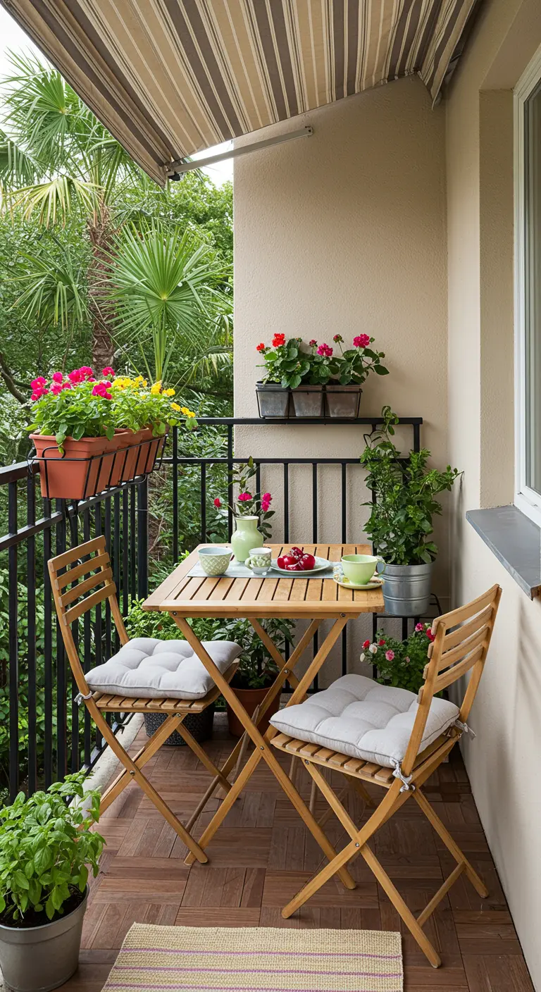Petit balcon fleuri avec table et chaises en bois, jardinières suspendues et auvent rayé.