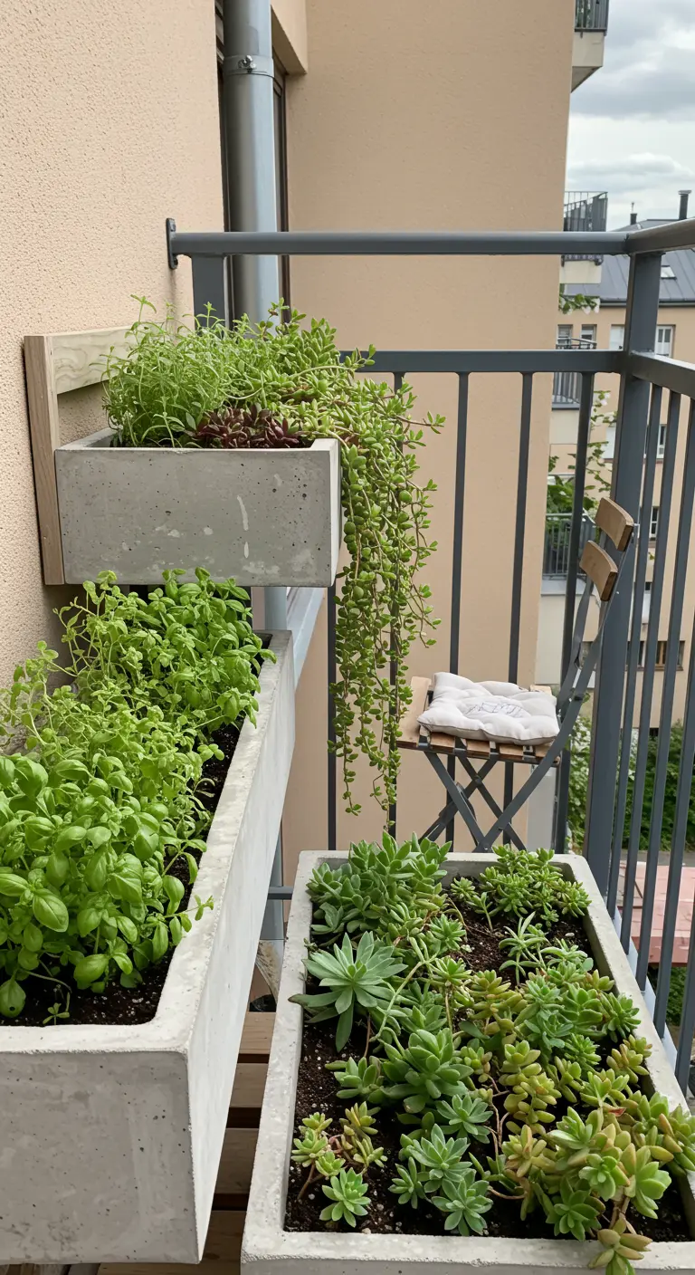 Balcon avec des jardinières en béton rectangulaires montées au mur et suspendues, remplies d'herbes aromatiques et de succulentes.