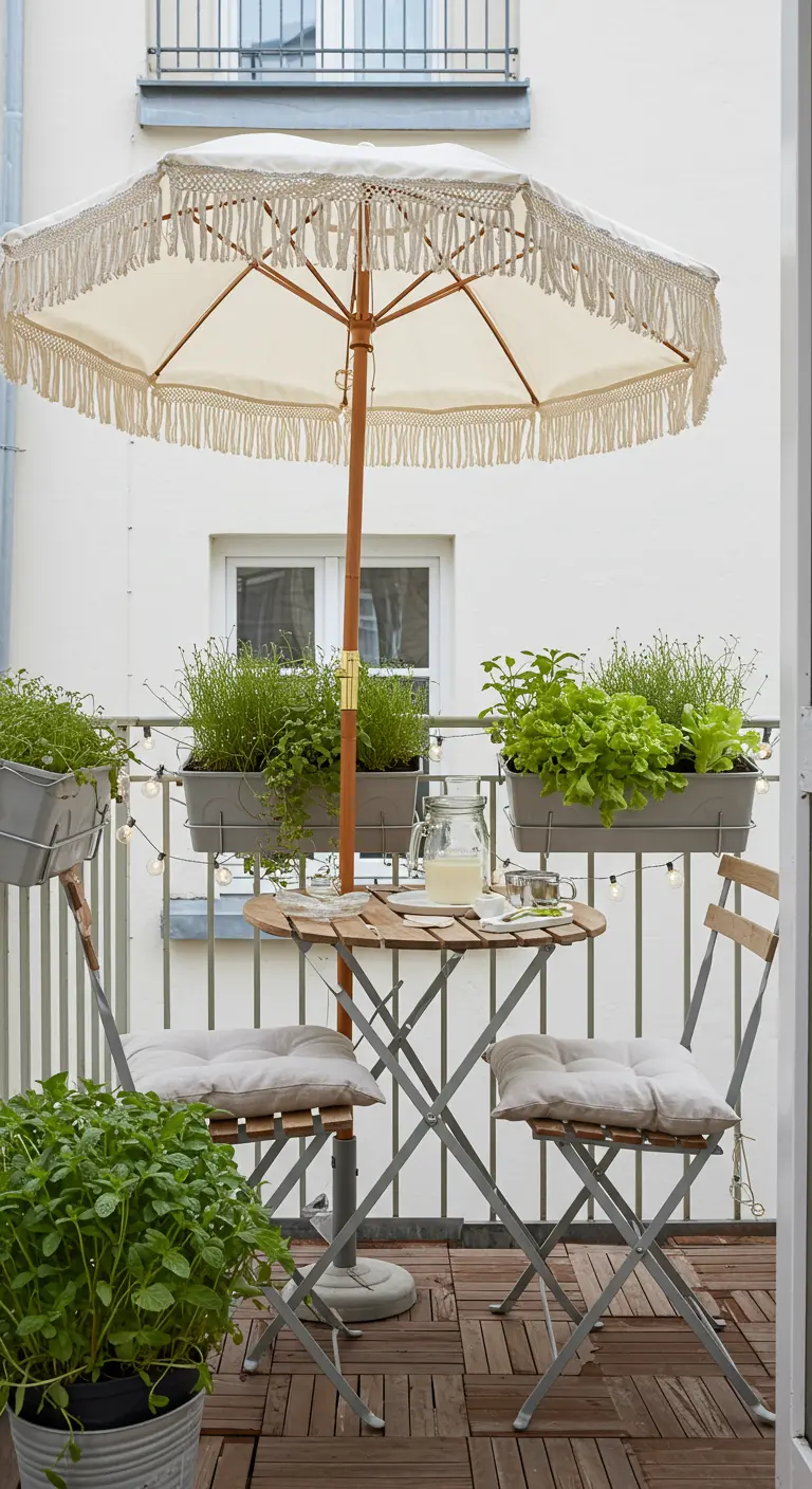 Petit balcon avec parasol blanc à franges, table pliante et jardinières suspendues d'herbes.