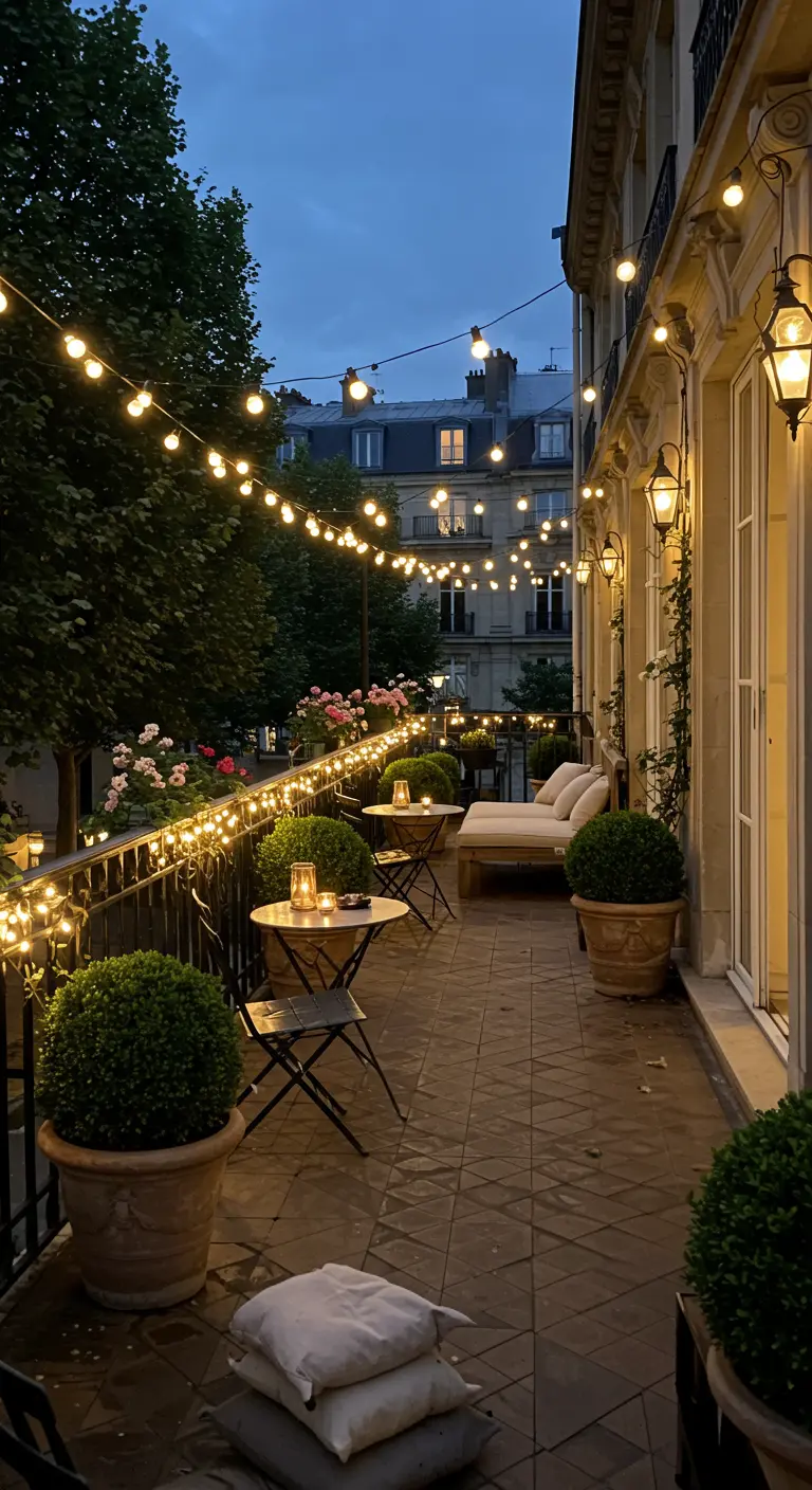 Balcon haussmannien avec guirlandes lumineuses, plantes en pots, mobilier de bistrot et vue sur les toits de Paris.