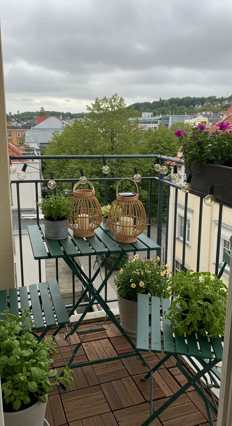 Petit balcon avec table bistrot, guirlandes solaires et lanternes en bambou.