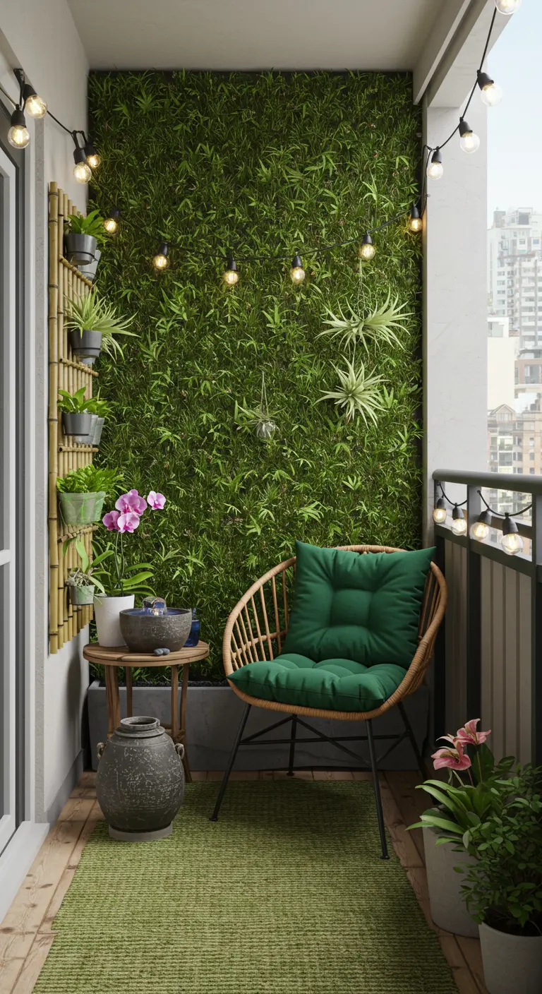 Petit balcon avec mur végétal, guirlandes lumineuses, chaise en rotin et plantes suspendues.
