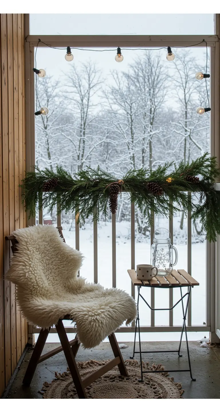 Chaise avec une peau de mouton sur un balcon enneigé, décoré d'une guirlande de sapin.