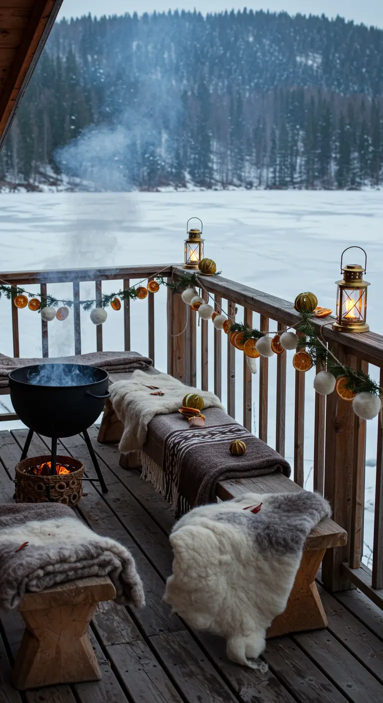 Balcon en bois avec vue sur un lac gelé, peaux de mouton et guirlande d'oranges séchées.
