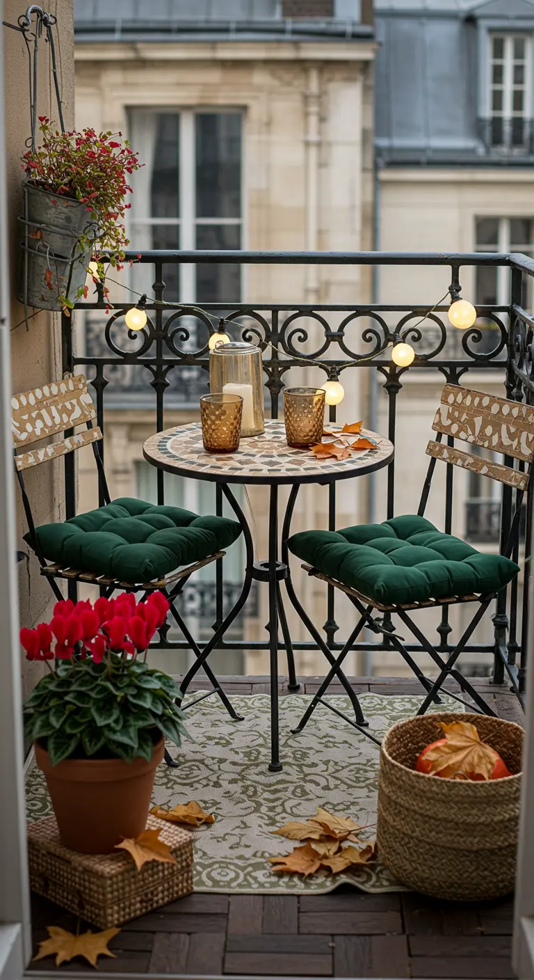 Balcon parisien avec chaises bistro, coussins verts, tapis à motifs, cyclamen rouge et guirlandes lumineuses.