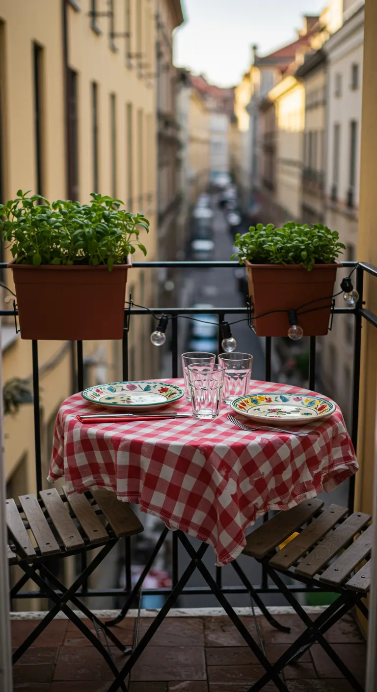 Petit balcon avec table et chaises pliantes, nappe vichy rouge et jardinières d'herbes aromatiques.