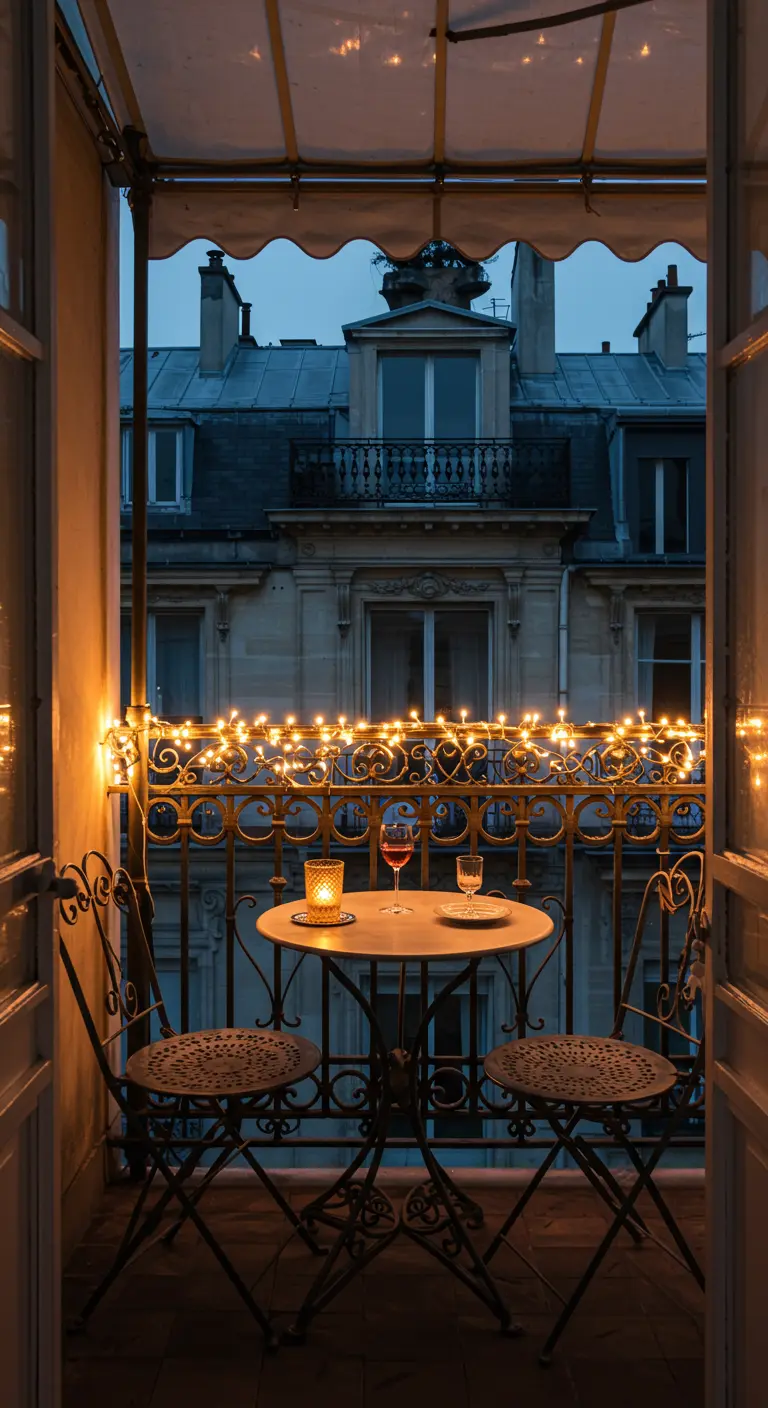 Petit balcon parisien avec table et chaises en fer forgé, décoré de guirlandes lumineuses le long de la balustrade.