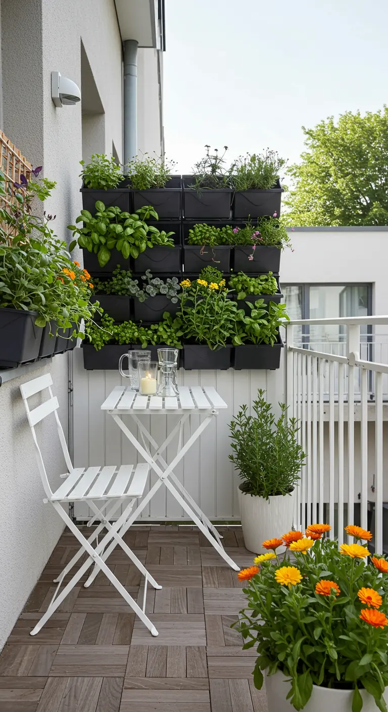 Bistro set blanc sur un balcon moderne avec un mur végétal d'herbes aromatiques et des soucis en pots.