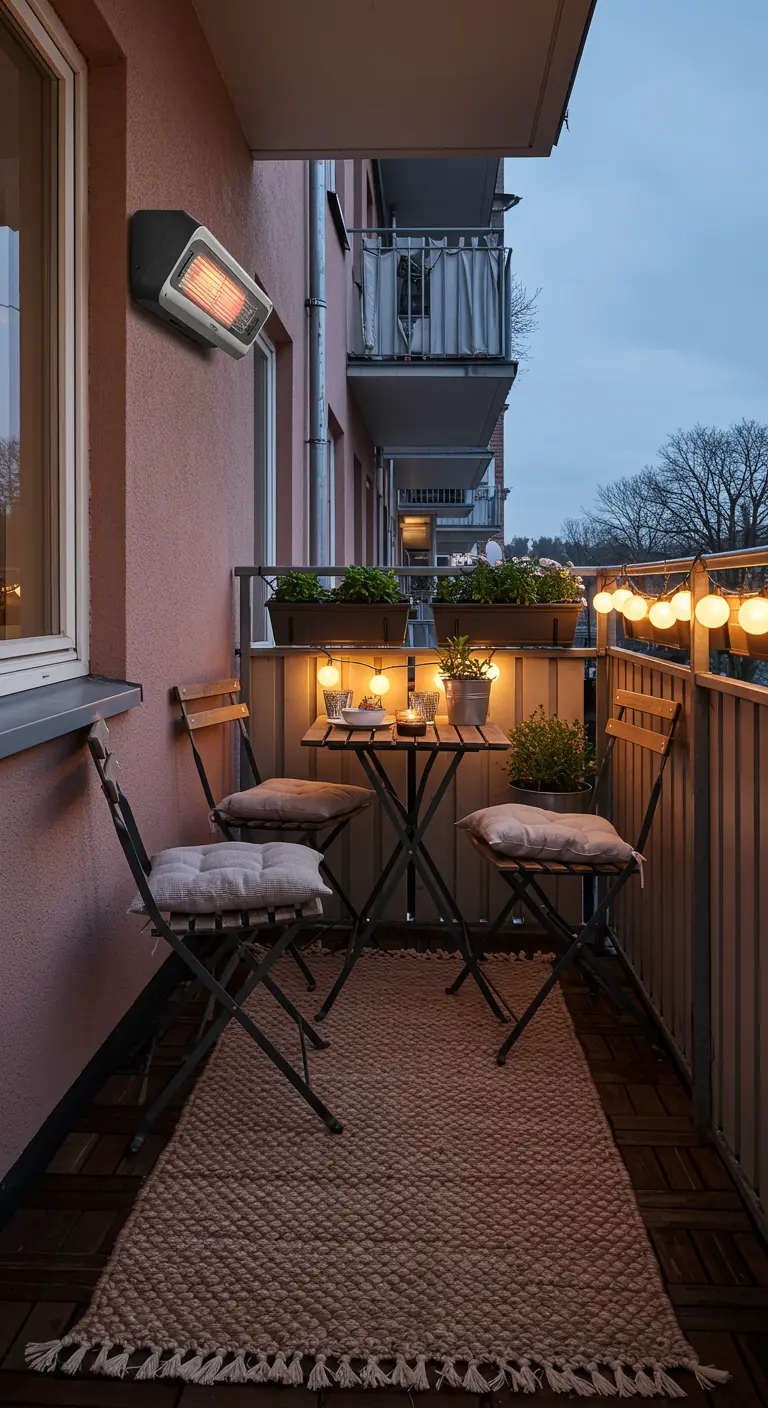 Petit balcon avec chauffage mural, ensemble bistrot, tapis et guirlandes lumineuses.