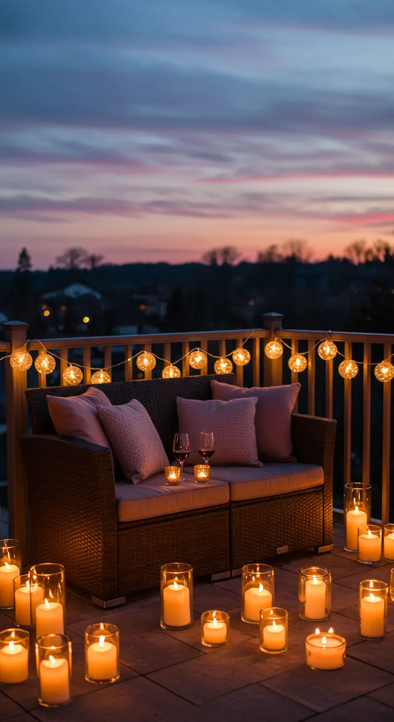 Petit canapé en rotin sur un balcon au crépuscule, avec des coussins roses, entouré de dizaines de bougies.