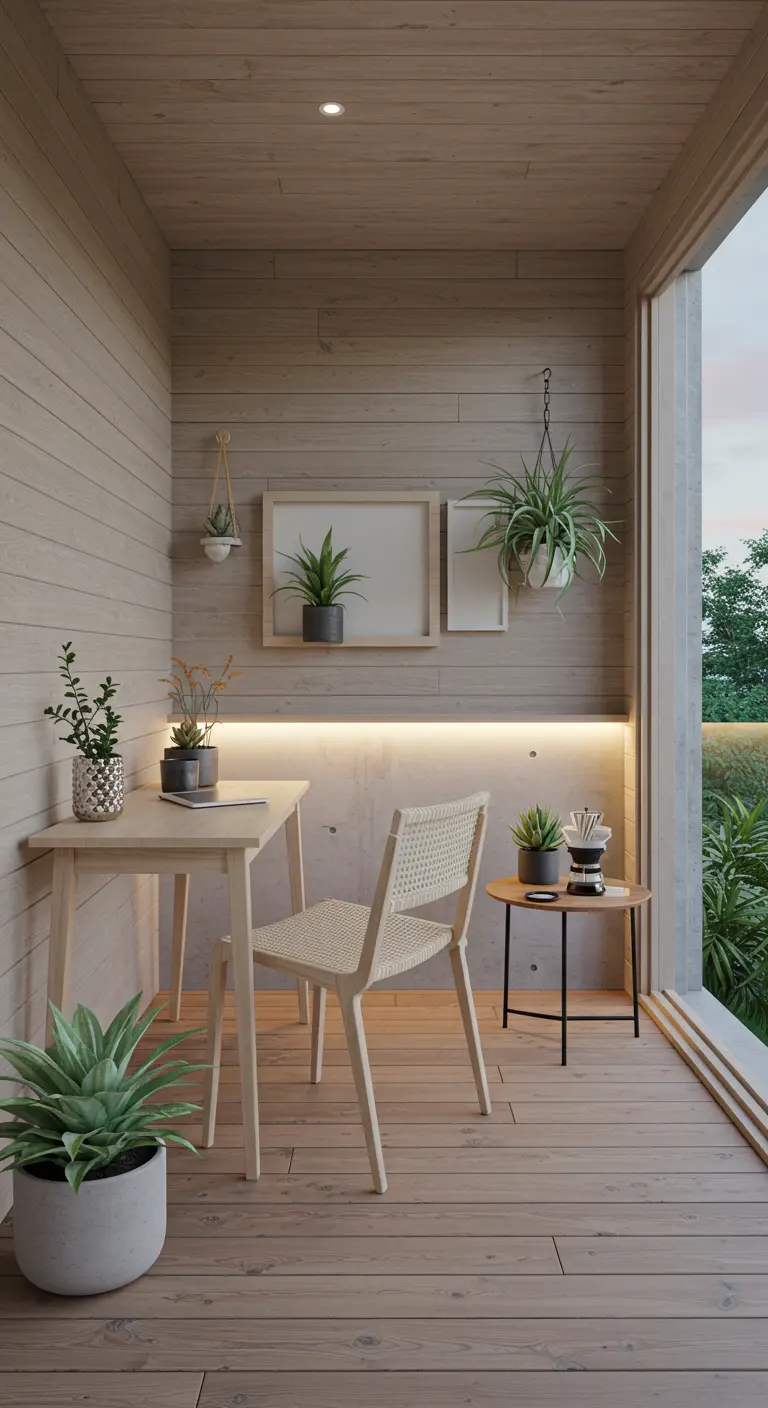 Petit balcon aménagé en bureau scandinave avec mobilier en bois clair, plantes suspendues et éclairage LED.