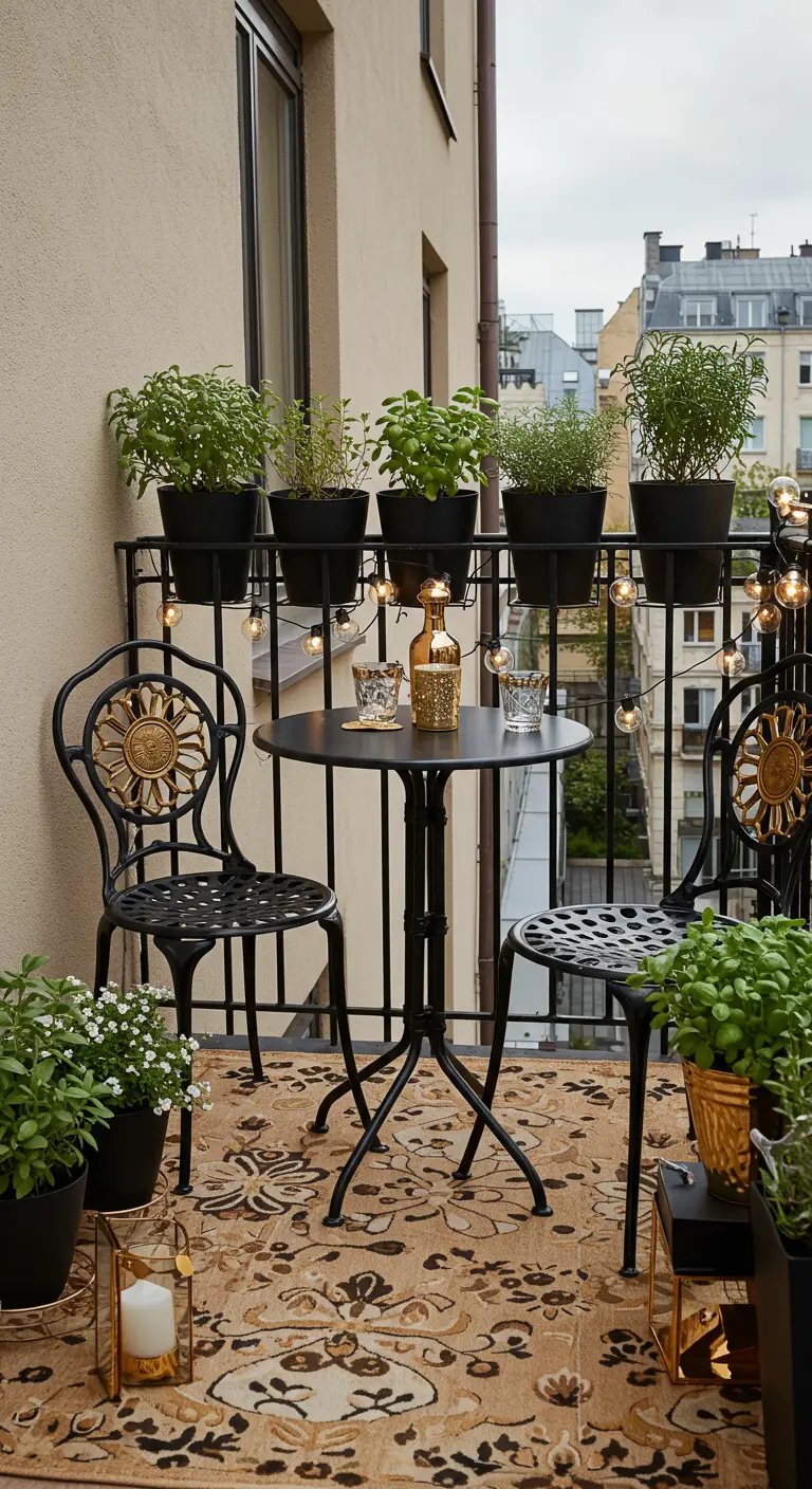 Petit balcon avec ensemble bistro noir et or, herbes aromatiques, tapis et guirlandes.