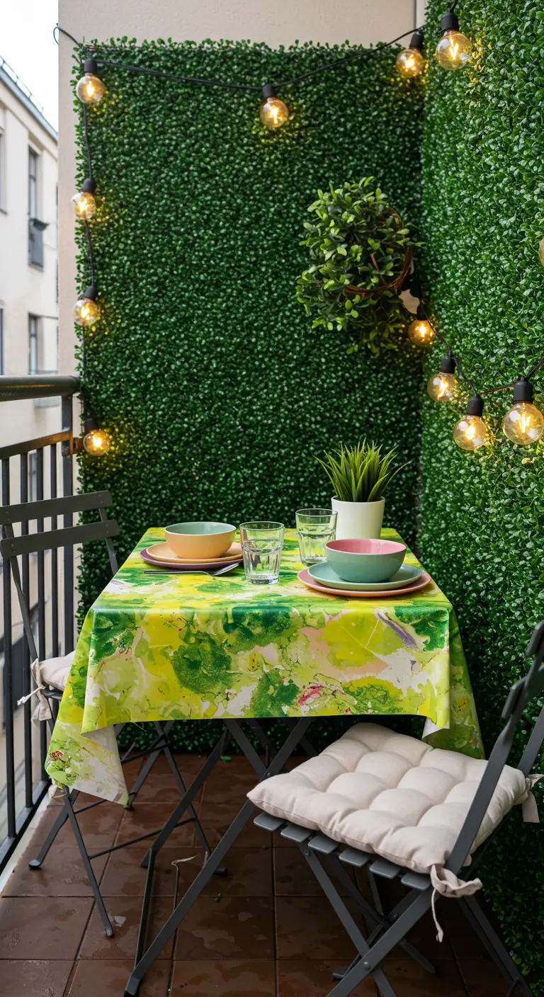 Petit balcon avec mur végétal, table bistro, nappe verte et guirlande lumineuse.
