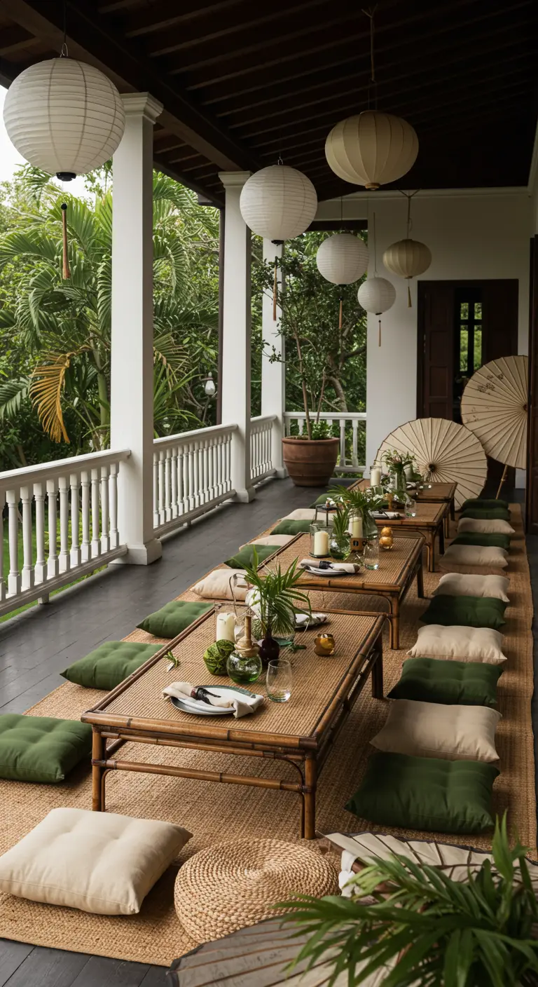 Balcon avec tables basses en bambou, coussins verts et blancs, lampions blancs et plantes tropicales.