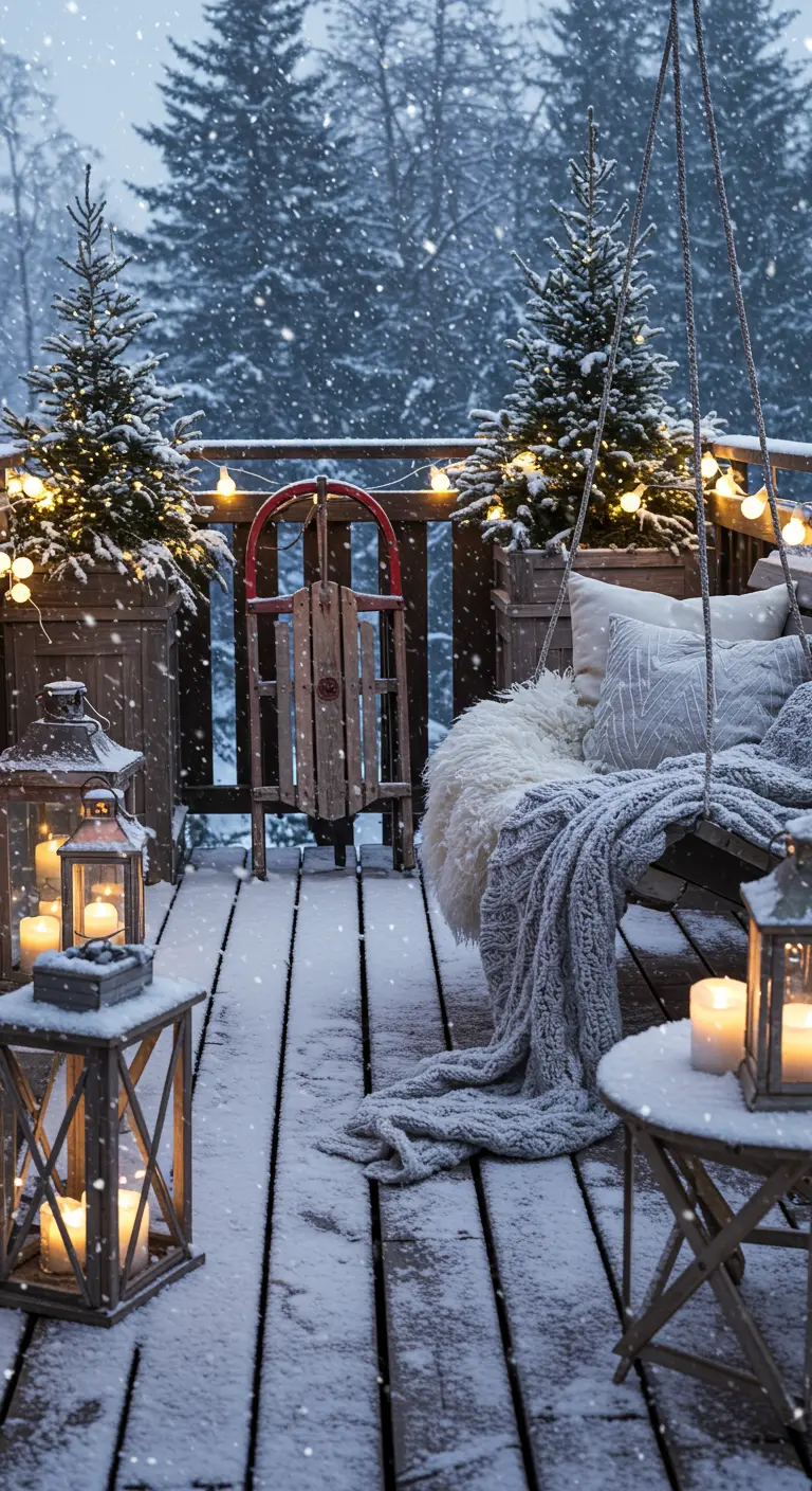 Balcon enneigé avec balancelle, sapins lumineux, traîneau ancien et lanternes éclairées.