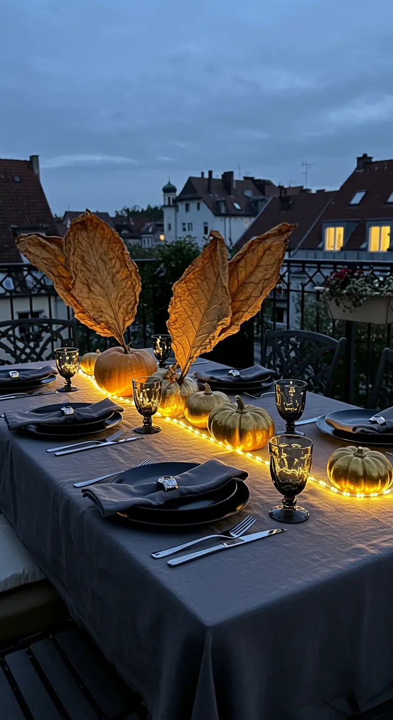 Une table de balcon éclairée par une bande LED, décorée de citrouilles dorées et de grandes feuilles séchées.