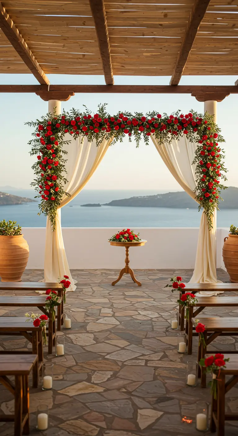 Arche de mariage florale rouge et crème sur une terrasse avec vue sur la mer Méditerranée.