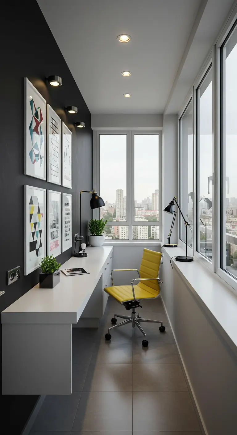Bureau linéaire blanc sur un balcon vitré avec vue urbaine et chaise jaune vif