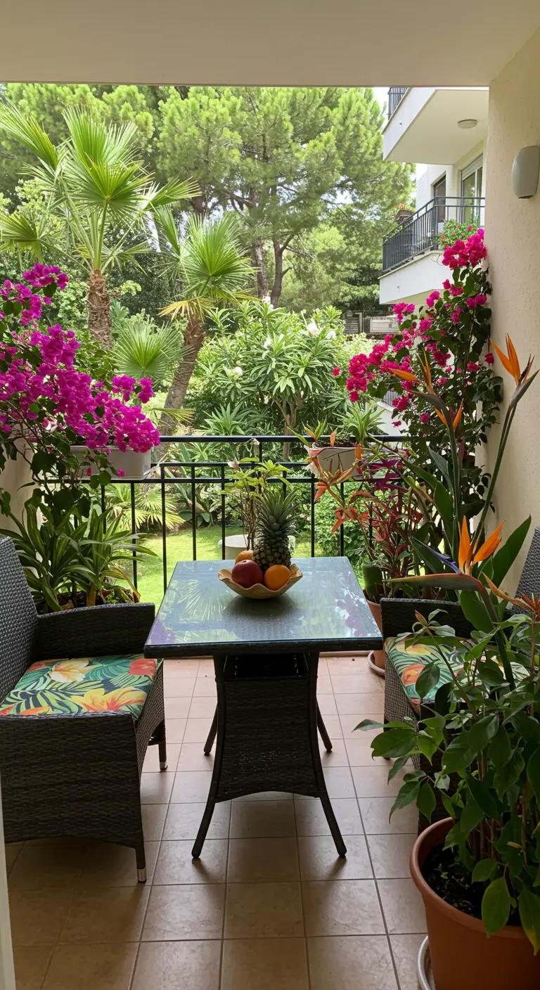 Bistro set en résine tressée sur un balcon tropical avec bougainvilliers, oiseaux de paradis et coussins fleuris.