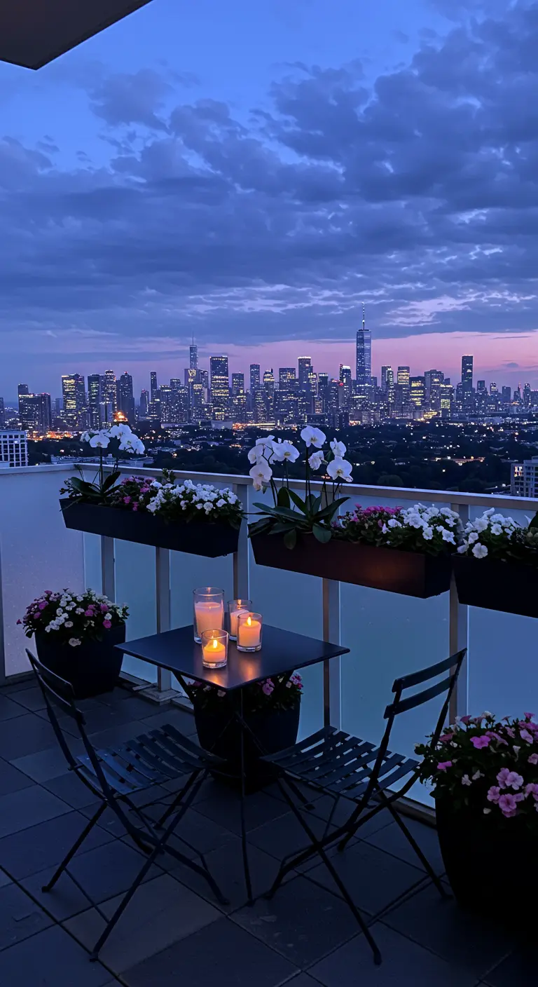 Bistro set noir sur un balcon urbain au crépuscule avec orchidées blanches, fleurs roses et bougies.