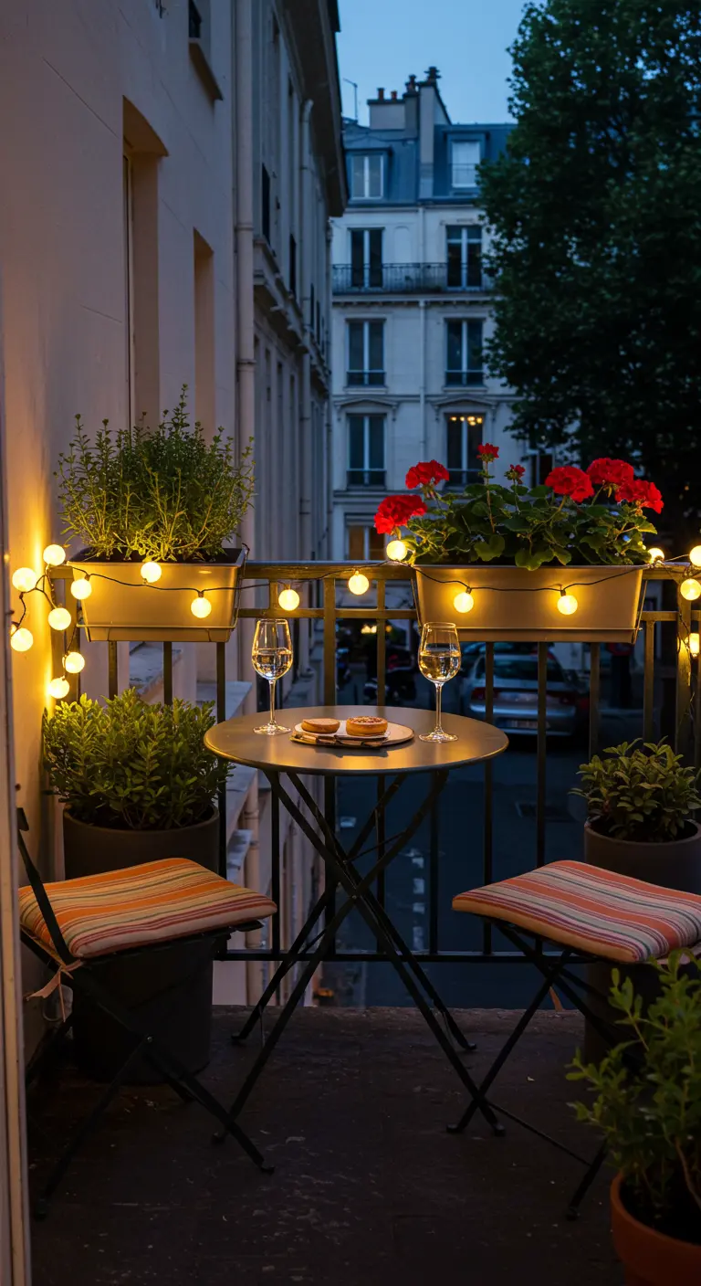 Petit balcon urbain avec guirlandes lumineuses, table et chaises de bistrot, et plantes en pot.