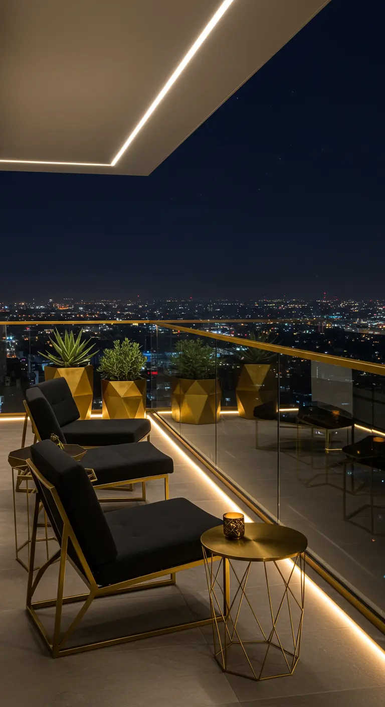 Balcon moderne avec fauteuils noirs et or, jardinières géométriques et éclairage LED linéaire.