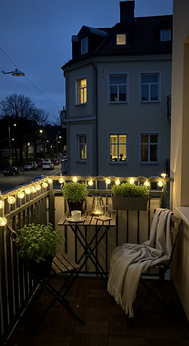 Petit balcon urbain avec guirlandes le long de la rambarde, plantes en pot et table pliante.