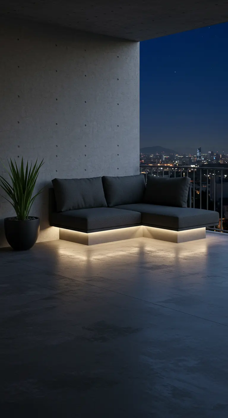 Petit canapé d'angle gris foncé avec LED chaudes sur un balcon urbain avec vue sur la ville.