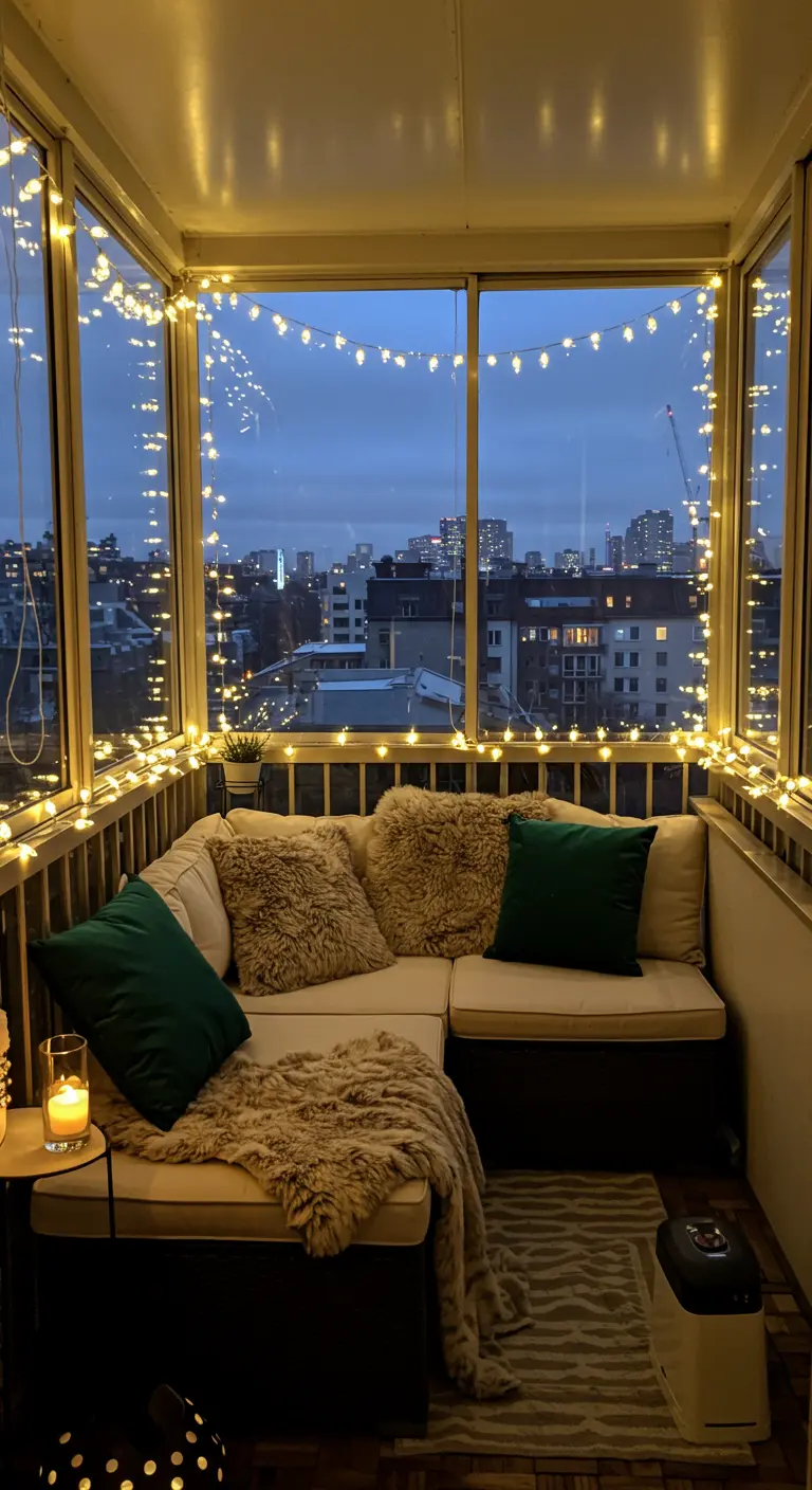 Balcon vitré illuminé de guirlandes, canapé d'angle, coussins moelleux, vue urbaine nocturne.