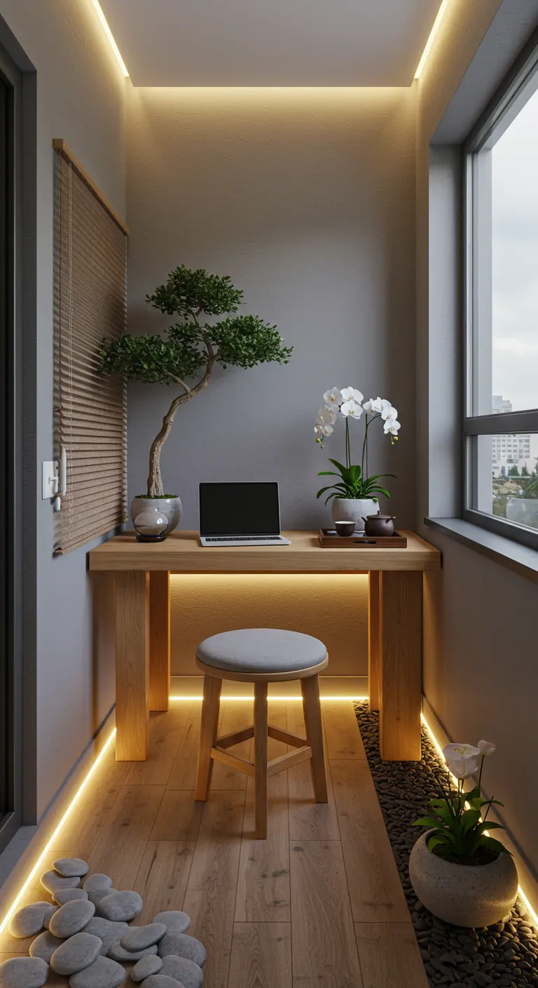Bureau zen sur balcon avec mobilier en bois clair, éclairage LED, bonsaï et galets.