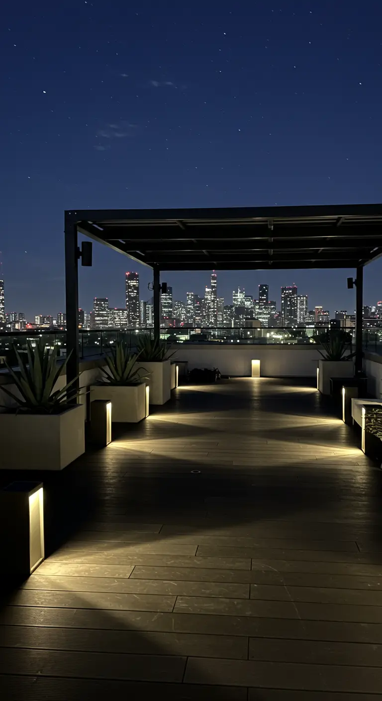 Rooftop avec des bornes lumineuses carrées le long du plancher en bois.