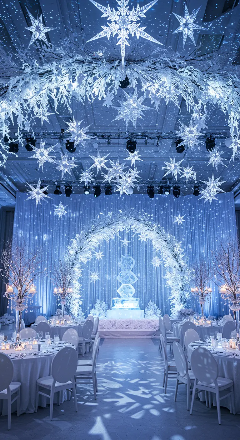 Salle de réception décorée de branches givrées, d'étoiles lumineuses et de rideaux blancs.