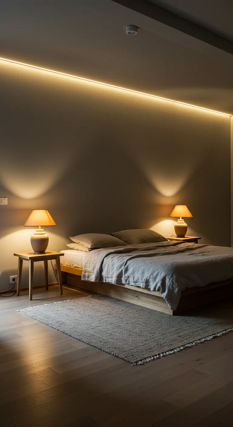Chambre moderne avec lit en bois, deux tables de chevet, et bande LED indirecte au plafond.