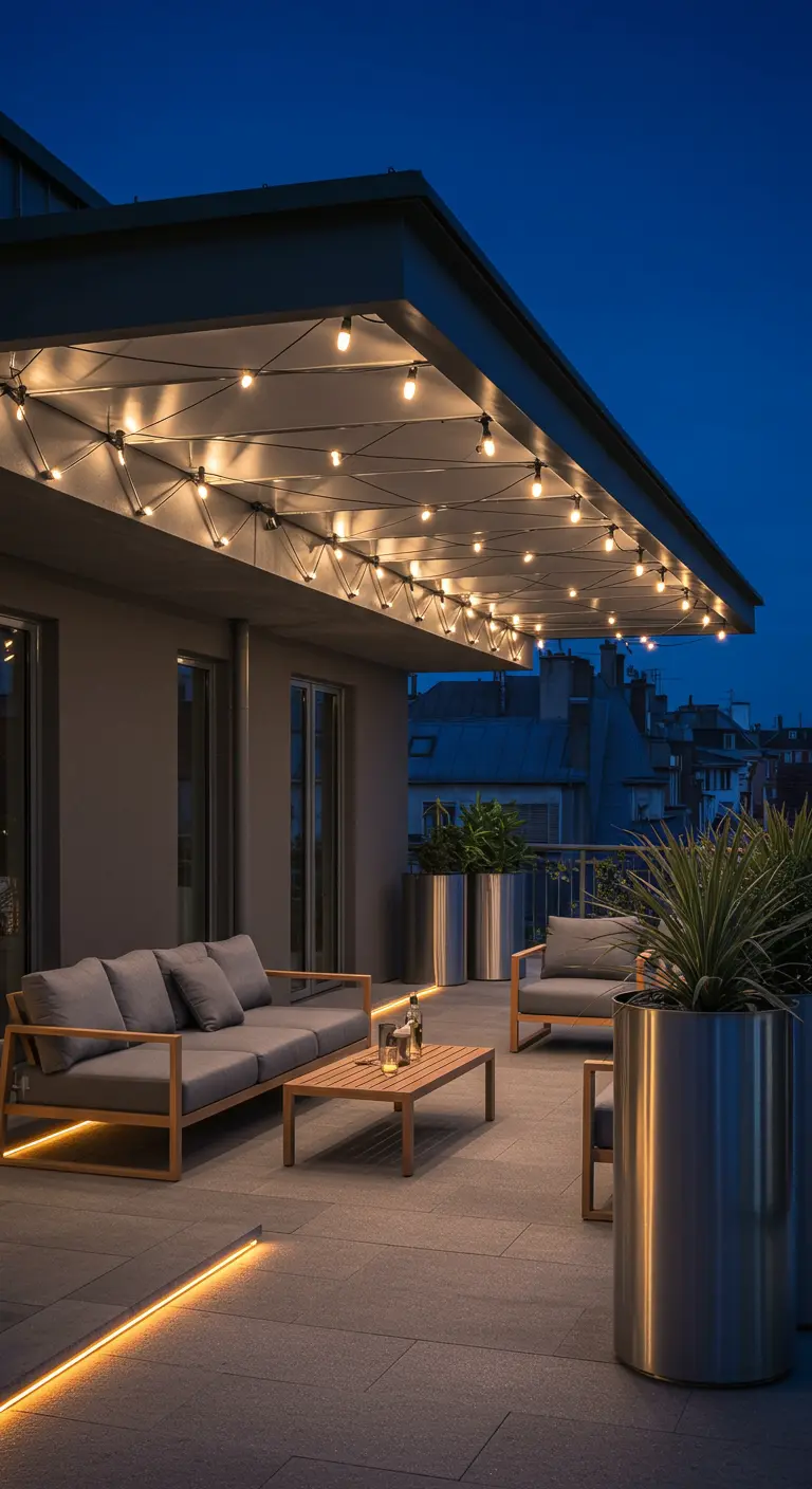 Terrasse moderne avec un salon extérieur, des bandes LED au sol et des guirlandes lumineuses sous l'auvent.
