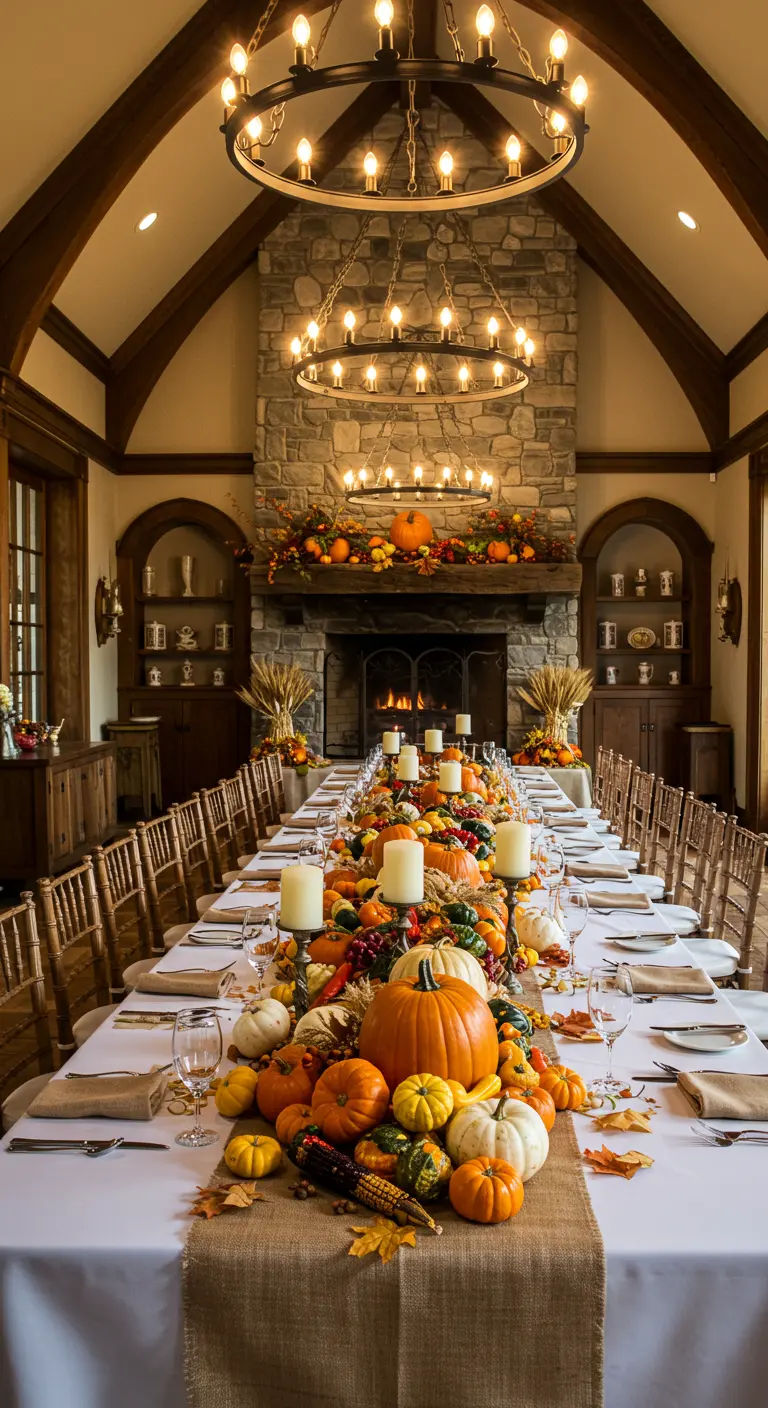 Très longue table de banquet avec un chemin de table en toile de jute et de nombreuses citrouilles.