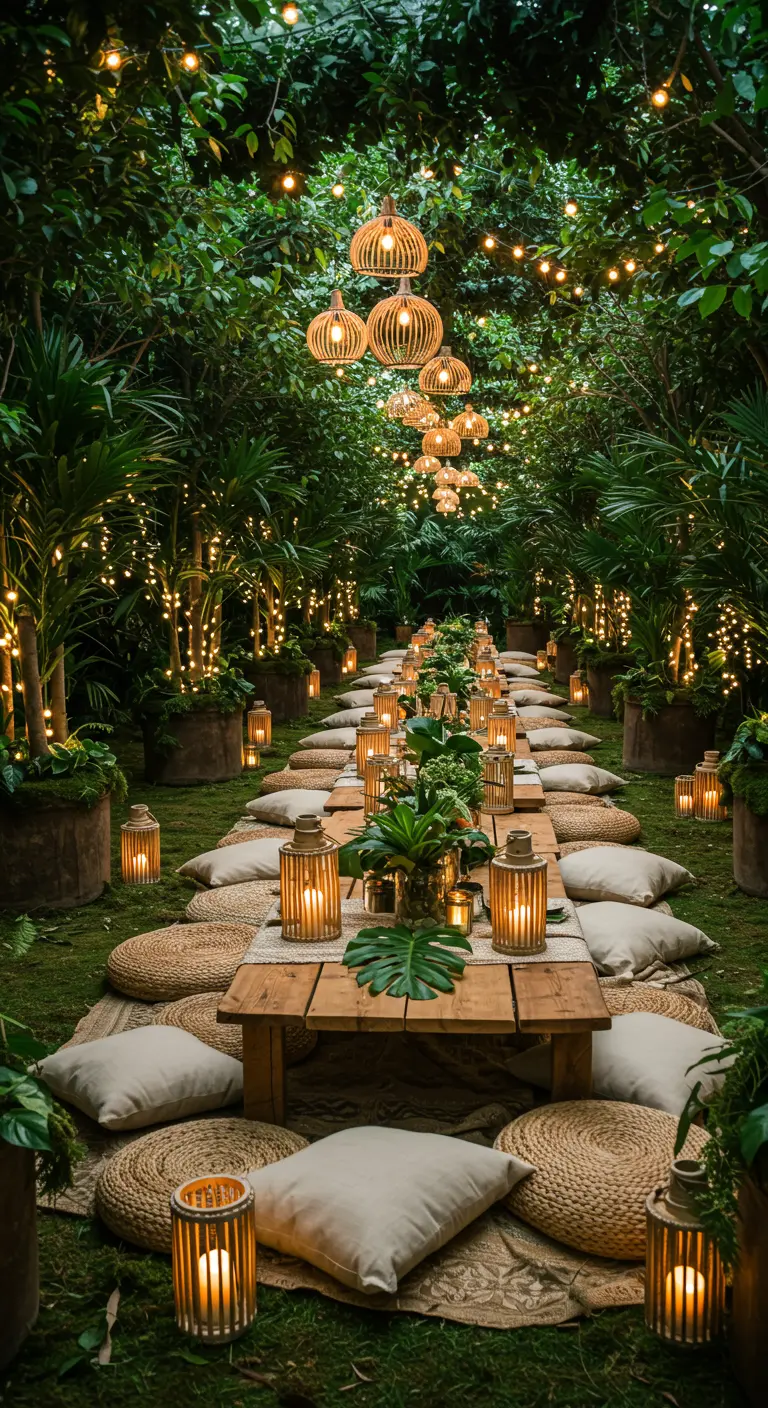 Longue table basse en bois dans un jardin, avec coussins, poufs, plantes illuminées et lanternes suspendues.