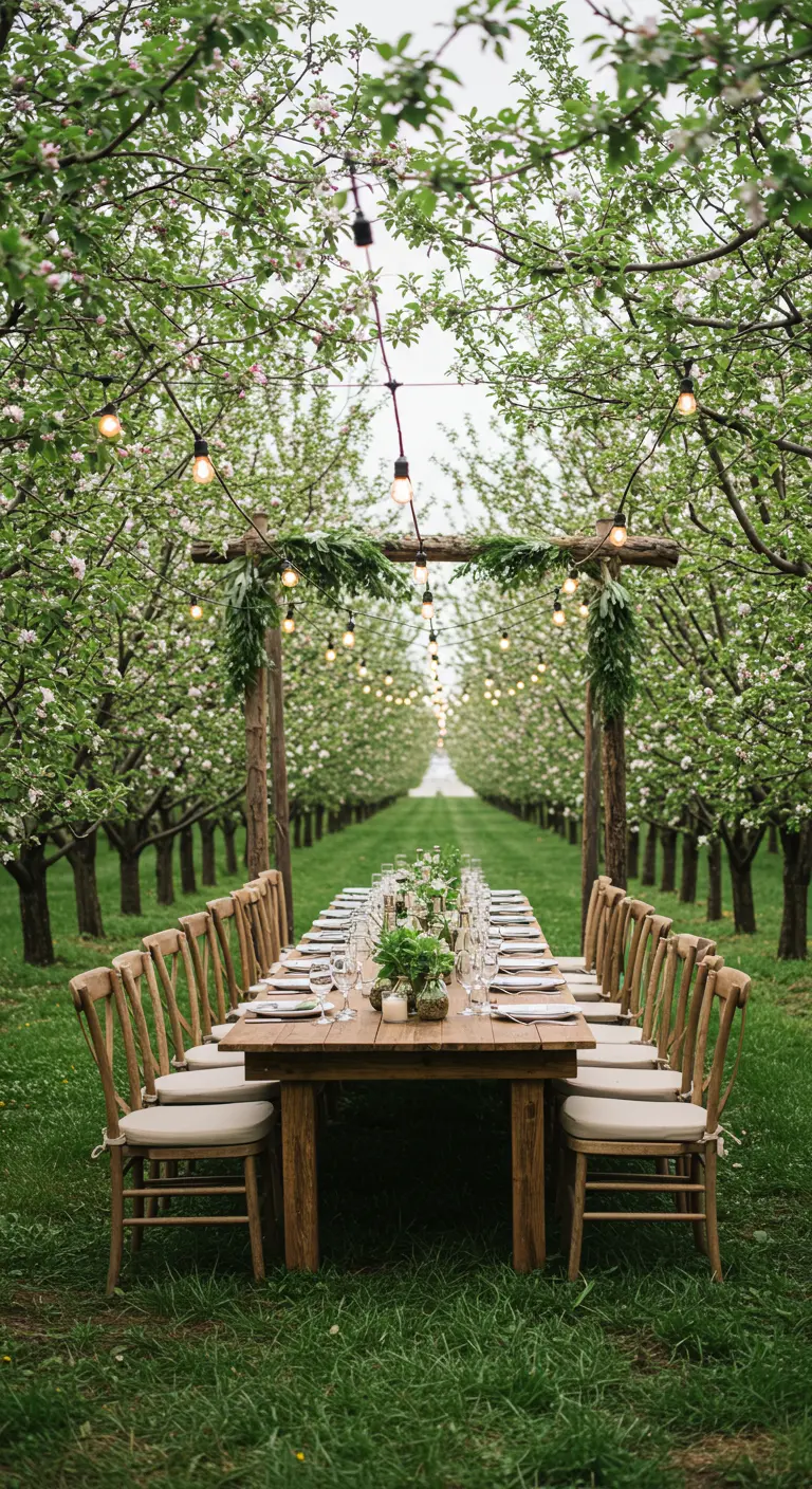 Longue table de banquet dressée dans l'allée d'un verger en fleurs, sous des guirlandes lumineuses.