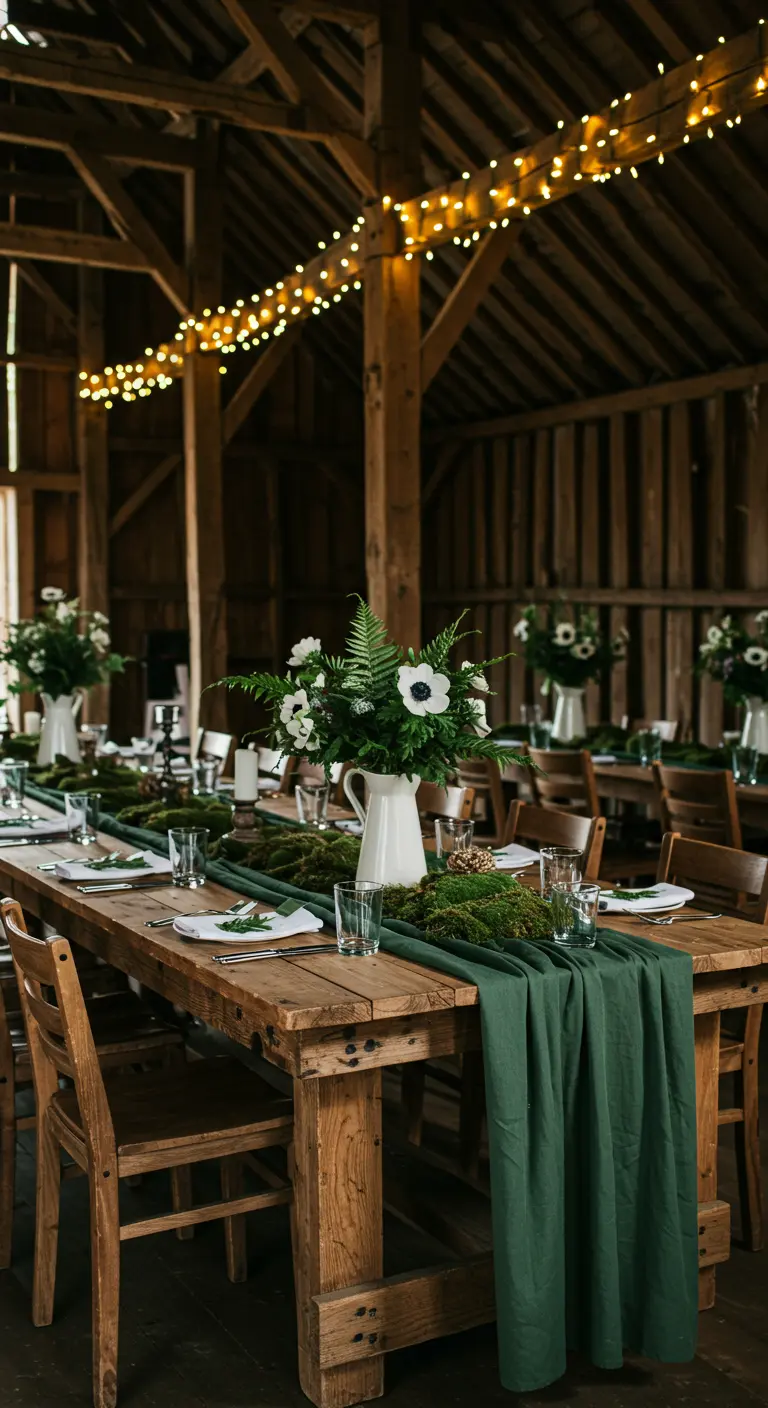 Table de mariage dans une grange, avec chemin de table en mousse et fleurs blanches.