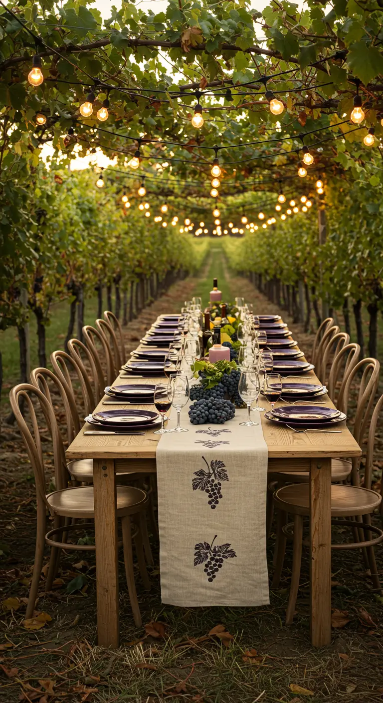 Longue table dans un vignoble avec un chemin de table à motifs de raisin.