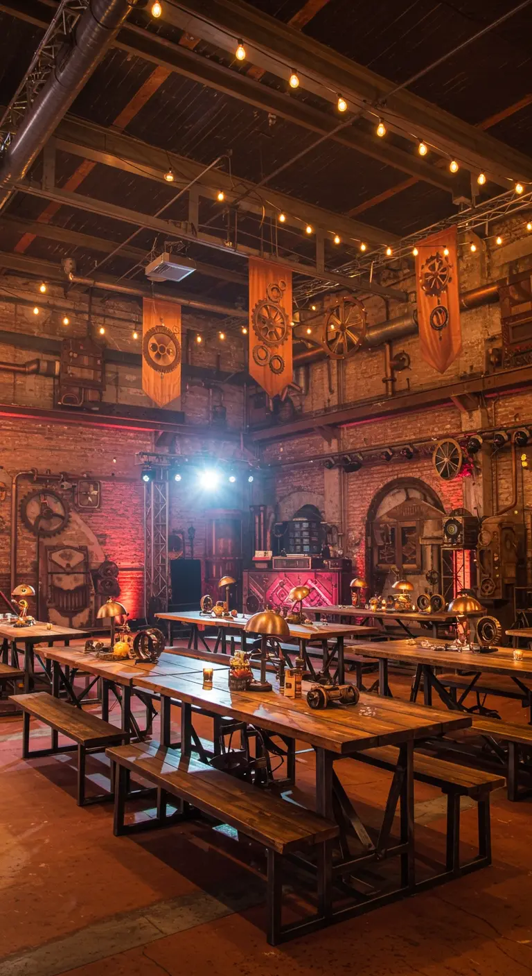 Grande salle industrielle transformée pour un banquet Steampunk avec longues tables et bancs, décorée d'engrenages et de bannières.