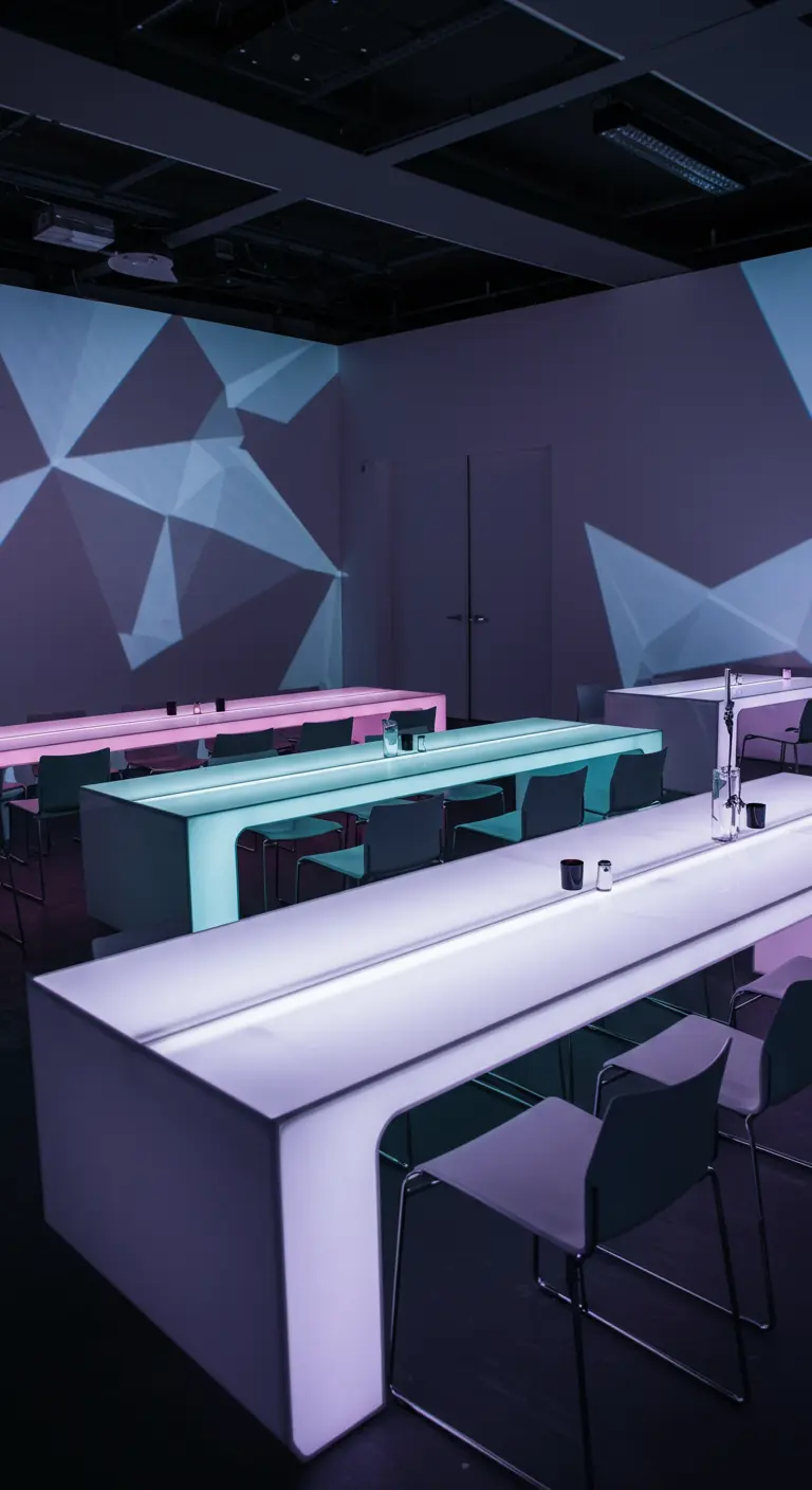 Salle avec des longues tables lumineuses LED émettant des couleurs pastel, ambiance futuriste.