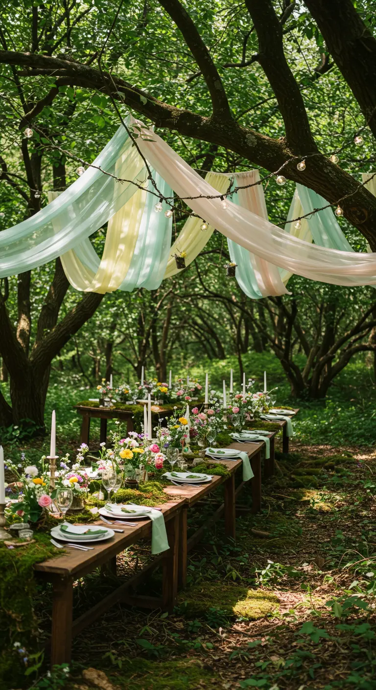 Longue table en bois sous les arbres avec chemins de mousse, fleurs sauvages et voilages pastel.